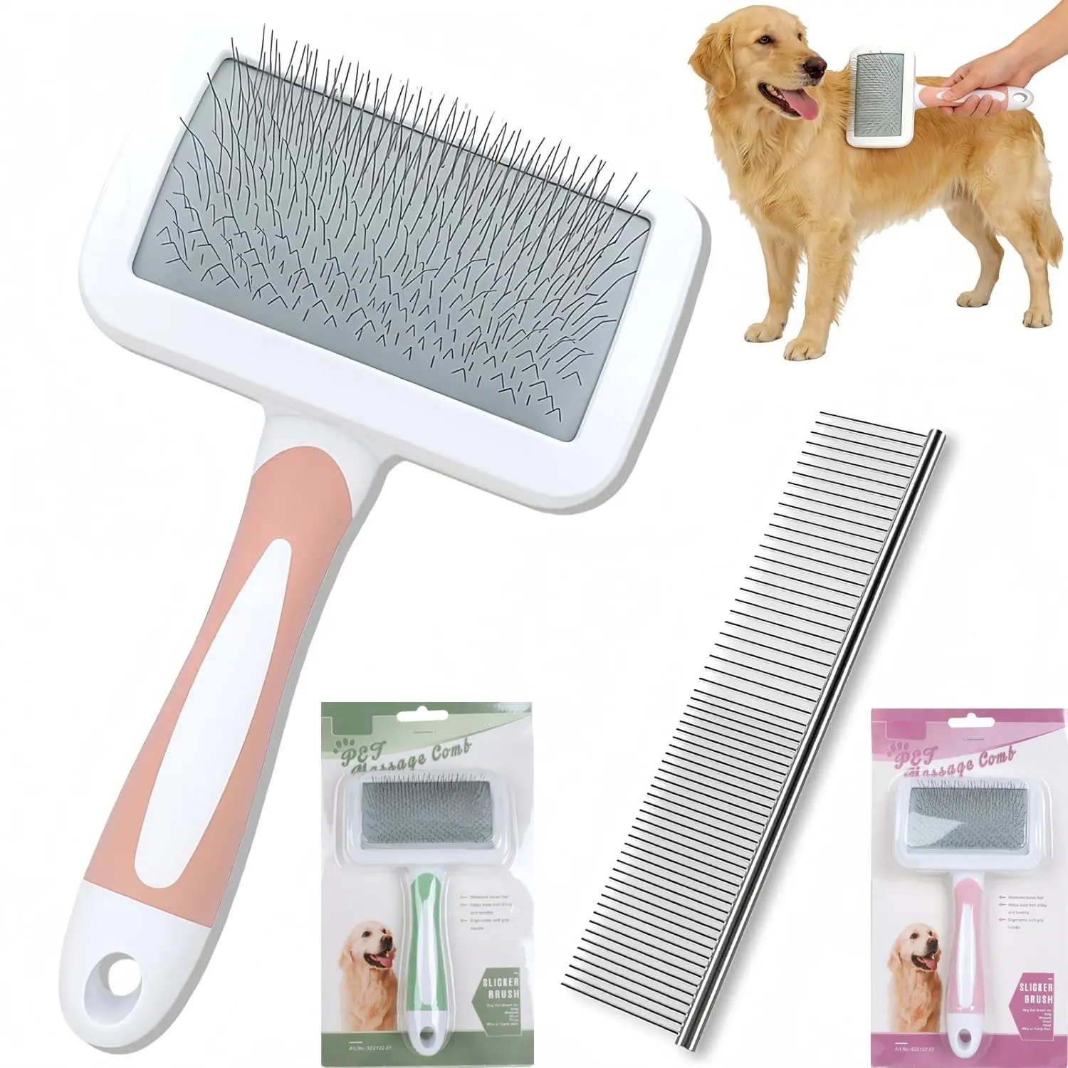 2pcs Self-Cleaning Pet Grooming Brush with Non-Slip Grip & Stainless Detangling System - Heavy-Duty Slicker Brush for Dogs, Cats, Small Animals - Long/Short Hair Shedding, Ideal for Sensitive Beige & All Coat Types - Durable & Easy to Clean