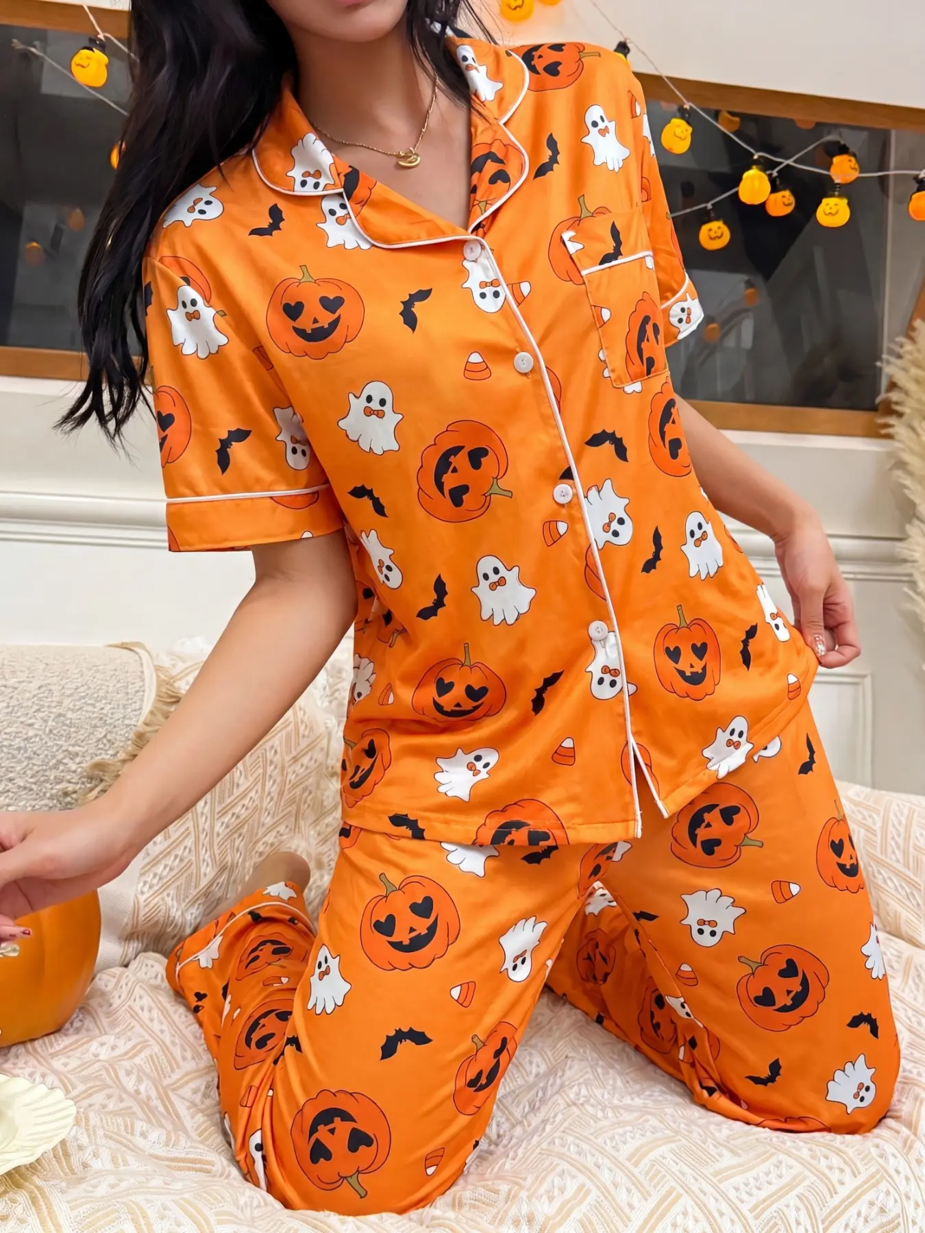Halloween Pumpkin Faux Leather Open Front Short Sleeve Long Pants Pajama Set, Women's High-End Satin Print Home Wear Two-Piece Set