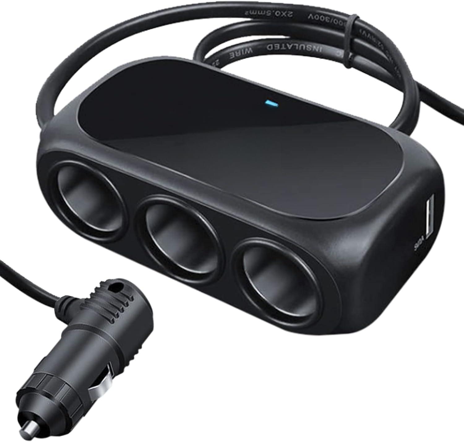 3-Socket Car Cigarette Lighter Splitter Adapter, 2 USB Splitter Extender [120W] [12V/24V] [3.1A Dual USB Car Charger] [Black] for Device with Emergency Warning Light