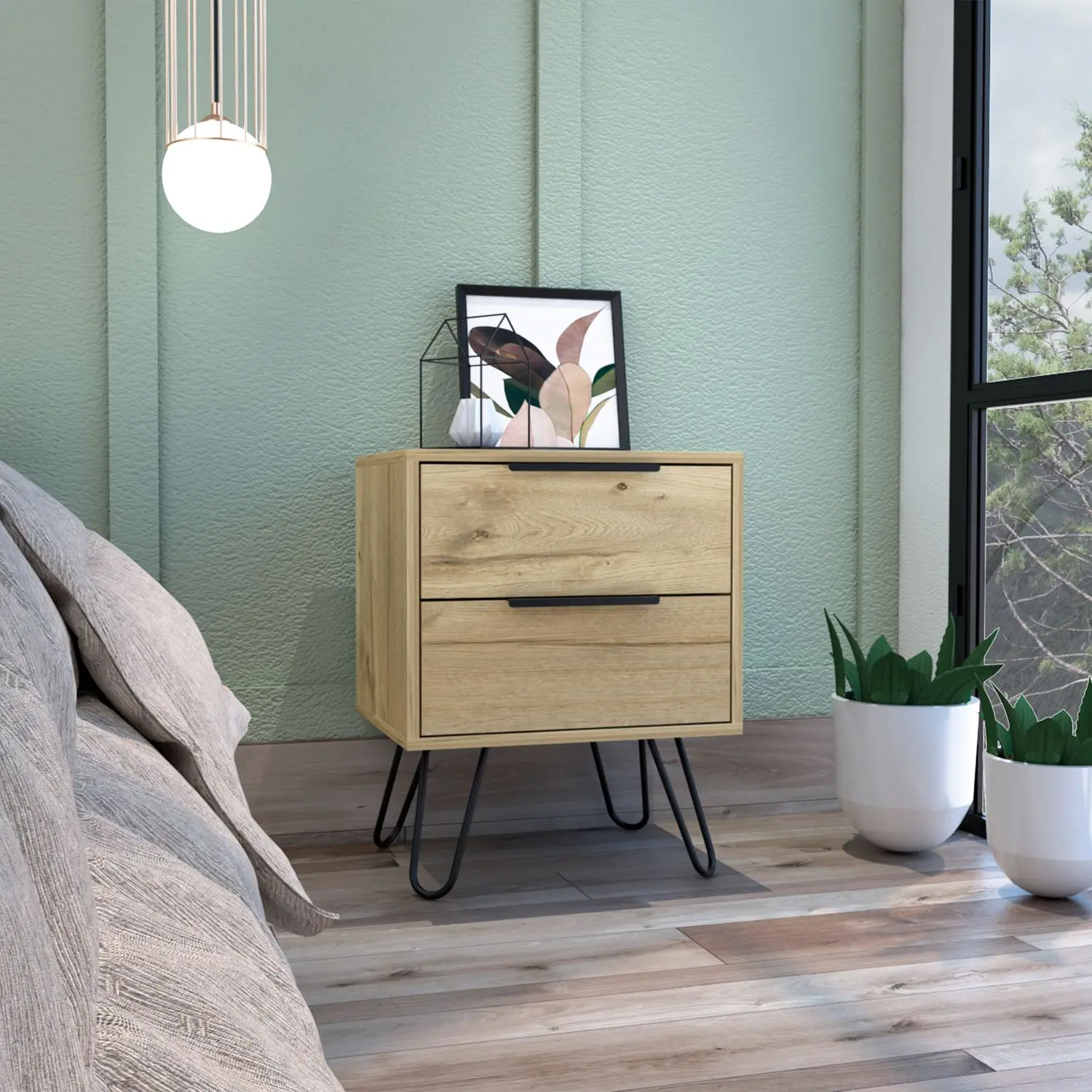 ARCH Augusta 2-Drawer Nightstand with Metal Legs, Compact Bedside Table for Bedroom, Living Room Side Table, End Table, Particle Board, Beige, 13.7"W x 17.7"D x 22.4"H, Easy Assembly, Beige Color Options, Particle Board Material, Product Dimensions