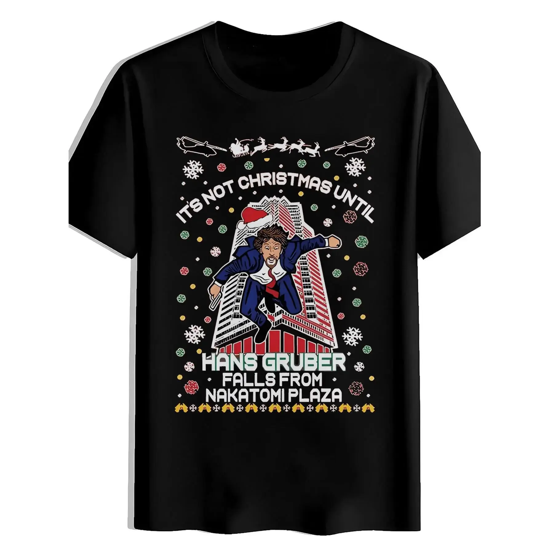 Men's Black Christmas T-Shirt with Iconic Hans Gruber & Nakatomi Plaza Die Hard Movie Quote - Short Sleeve Round Neck Casual Summer Top for Fans, Holiday Party Outfit