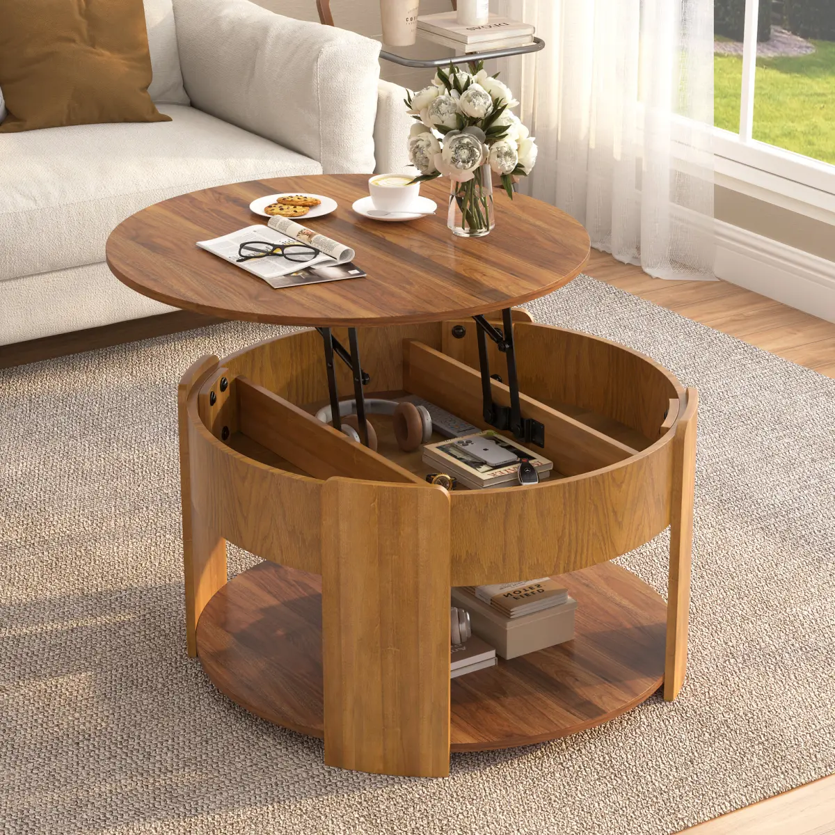 [Bellemave] Farmhouse Round Lift Top Coffee Table with Hidden Storage, Adjustable Height Modern Minimalist Round Cocktail Table, Multi-Function Center Accent Table for Small Space Living Room Apartment   WL RR