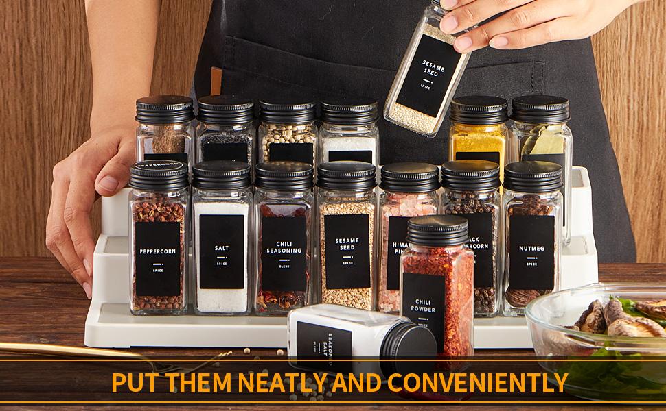 25 Pcs Spice with Label- Glass Spice with Black Metal Caps,Shaker Lids, Funnel, Chalk Pen, Brush,Cleaning Cloth 4oz Seasoning Containers Bottles for Spice Rack, Cabinet, Drawer