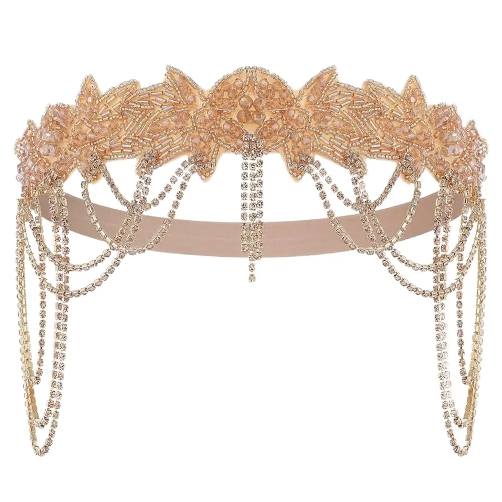 1920s Flapper Headpiece Roaring Retro Tassel Forehead Chain Rhinestone Headband  Headband Chain for Women Hair Accessory (Champagne,  Size)