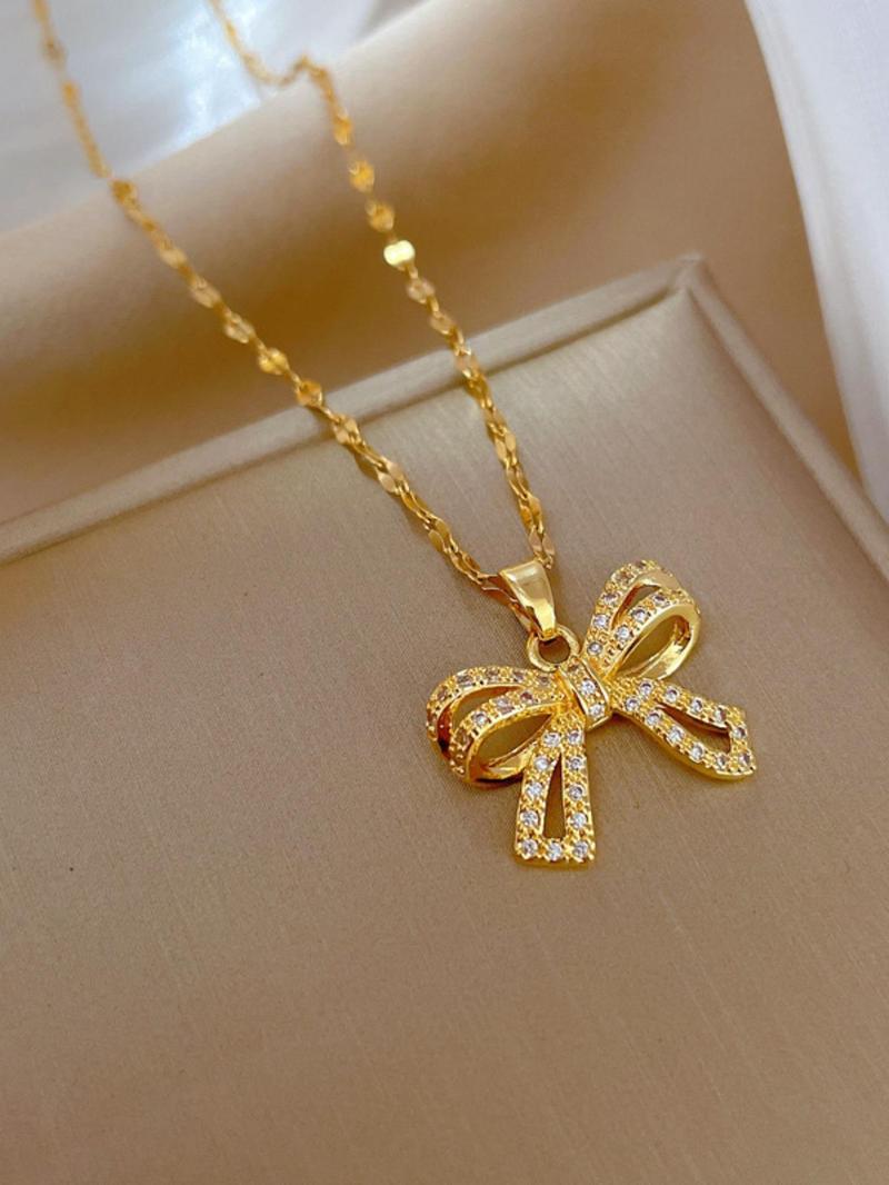 Elegant Rhinestone Bow Decor Pendant Necklace for Women for Gift, Jewelry Gifts, 2024 Trendy Stainless Steel Matching Jewelry, Luxury Shiny Dainty Accessory, Statement Necklace