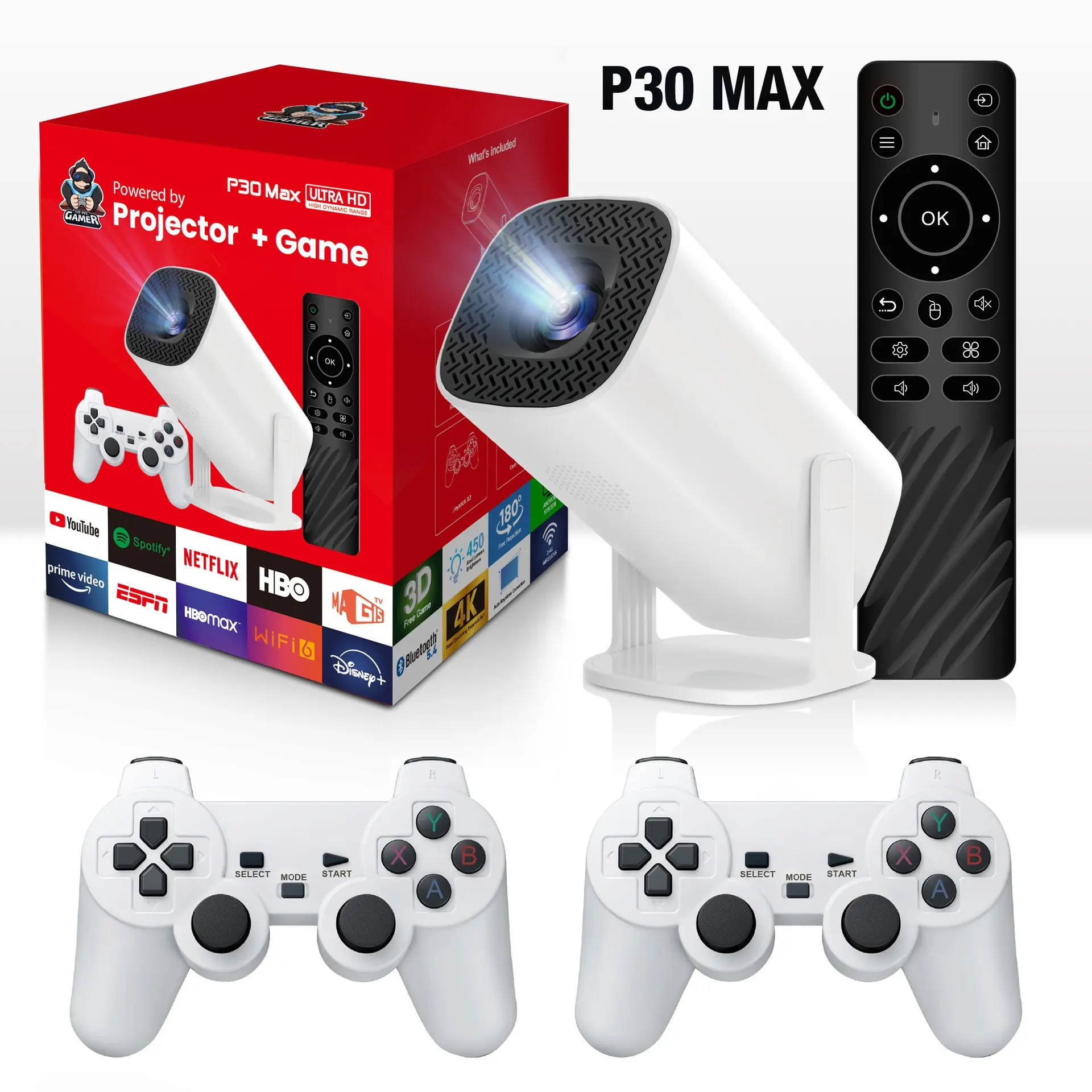 P30max Mini Projector with Games, Wifi6 Connectivity, Trangle Correction, Dual Game Controllers, Play at Home, No Need for Arcade Hall