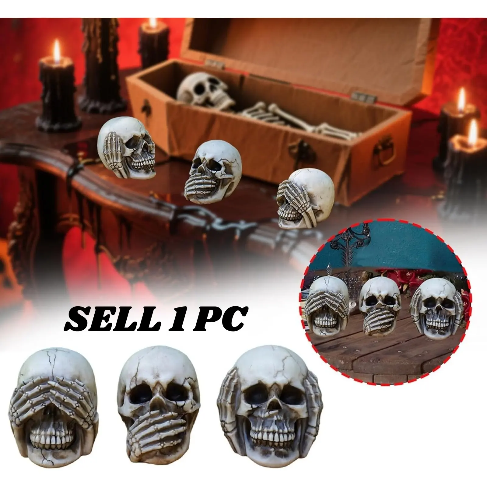 Halloween Skull Figurine Halloween Skull Head See Speak Hear No Evil, Resin Skeleton Head Realistic Human Skulls Model Statue for Bar Home Table Decor