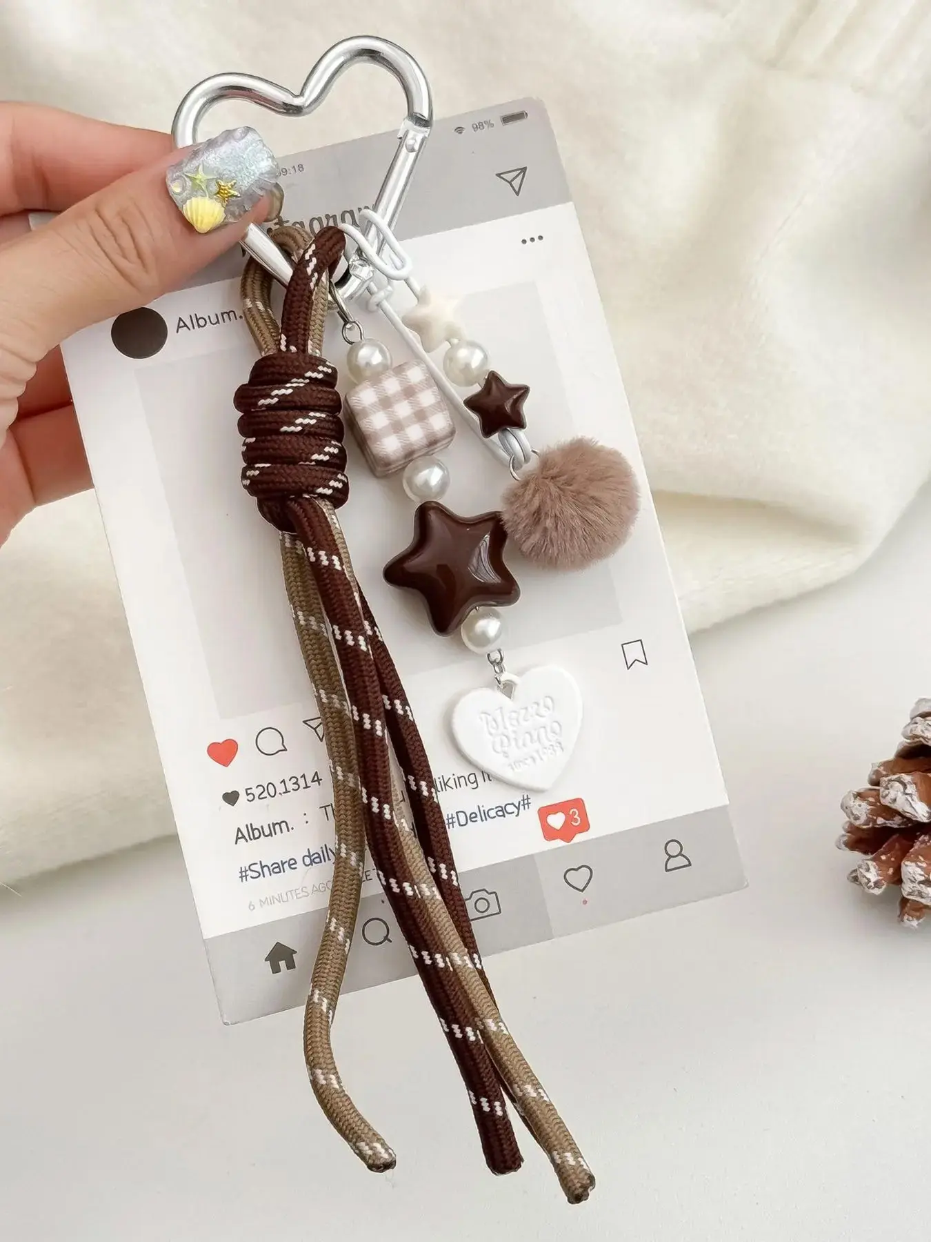 Y2K Keychain, Preppy Heart Carabiner Bag Charm. With braided cord, beaded details & pom pom accents, trendy accessory for women & teens, cute gift for daily use