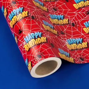 Reversible Spider Birthday Wrapping Paper Roll - Mini Roll - 17 Inch x 16.5  - Happy Birthday Spider Wrapping Paper with Solid Blue Design for Boy  Man