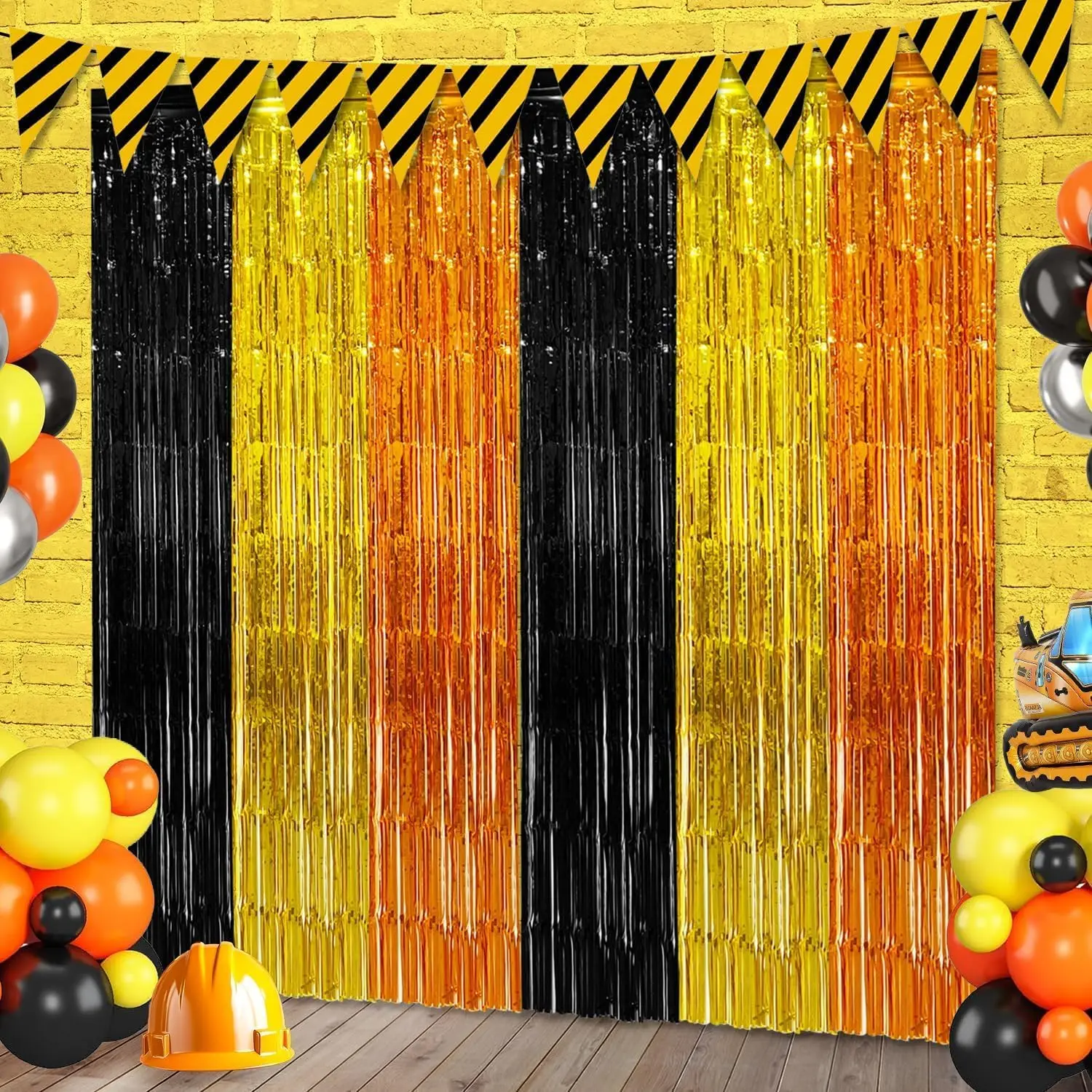 Construction Foil Fringe Curtain Birthday Party Decorations Supplies, 2 count | 3.28 x 6.56 Ft Yellow Orange Black Tinsel Streamer Backdrop Photo Booth Props for Construction  Party Decor Favors