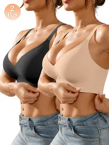 1/2 Pack Jelly Bra no Underwire for Women, Simple and Comfortable Push-Up Bralettes Seamless Tshirts Bras Deep V Daily Bras