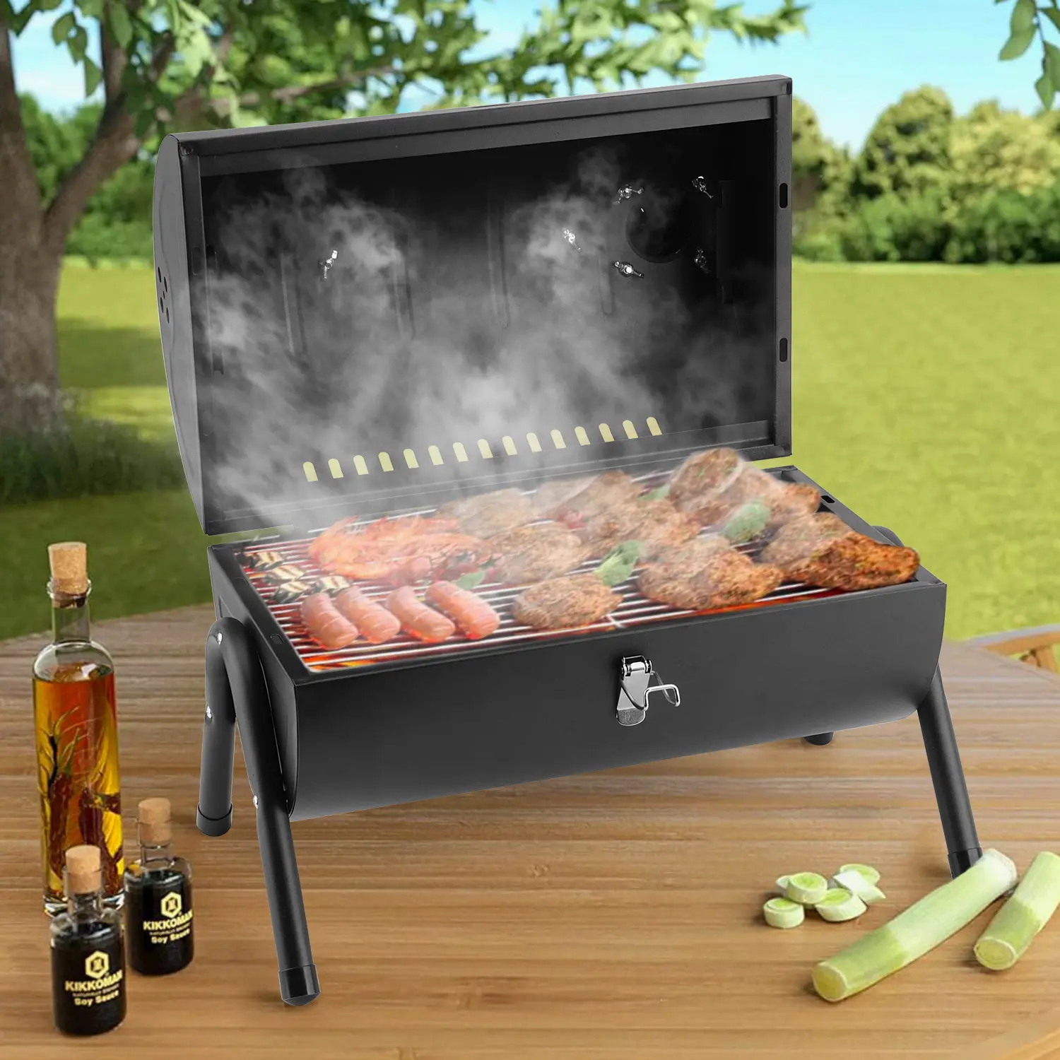 Mini Tabletop Charcoal Grill & BBQ Smoker. Ultimate Camping Beach Cooking Set! Includes 2 Grilling Nets and 1 Grill Pan.