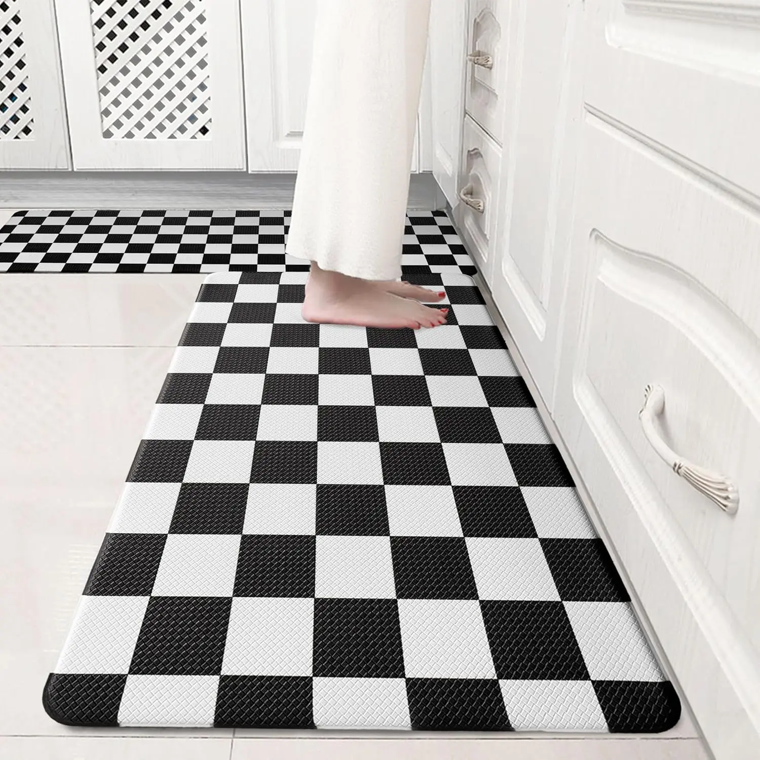 Black Checkered Grid Checkerboard Rug Sets [2 PCs], Anti-Fatigue, Waterproof Non-Slip Mats Duty Ergonomic Foam Rug for, Home, Laundry,17"x29"+17"x47"