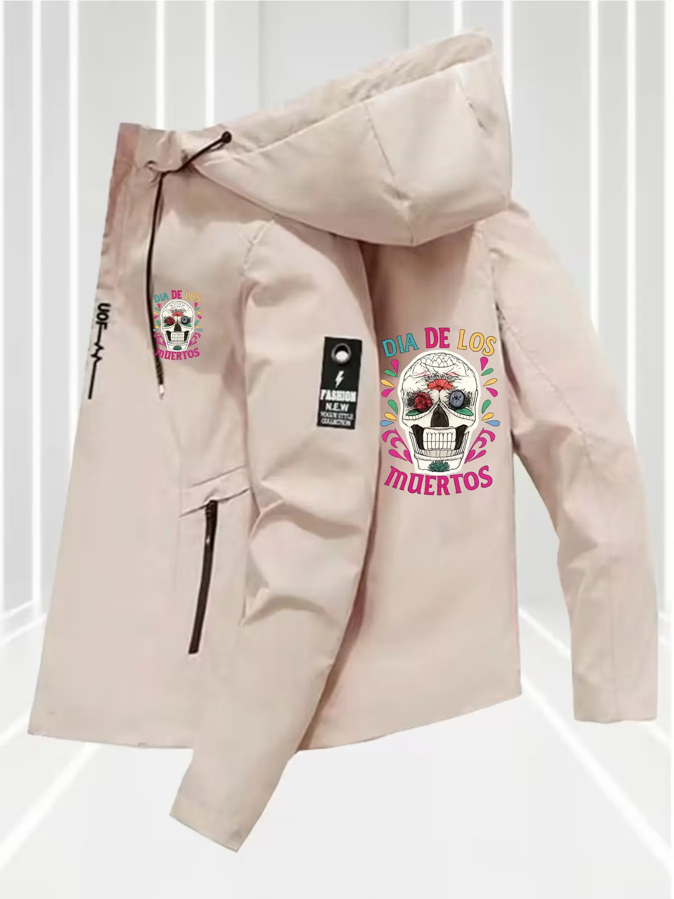 Men's New Minimalist Streetwear Hooded Jacket, Graffiti Flower Smile Skull Print, Casual Lightweight Zipper Outerwear, Fall Fashion