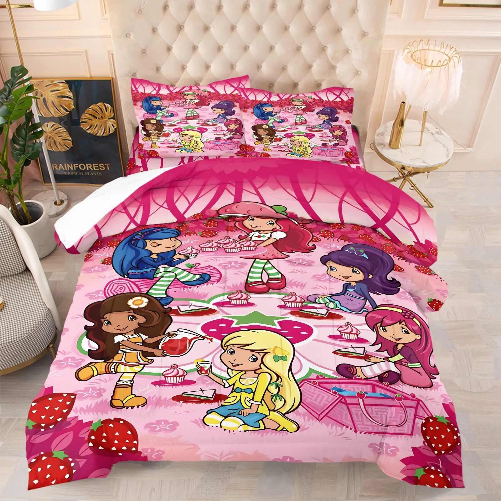 Sweet Strawberry Shortcake Cartoon Comforter Set, Soft Breathable Pink Strawberry Themed Bedding, 1 Comforter + 1-2 Pillowcases, Lovely Gift for Girls Daughter, Twin/Full/Queen Size for Bedroom Dorm