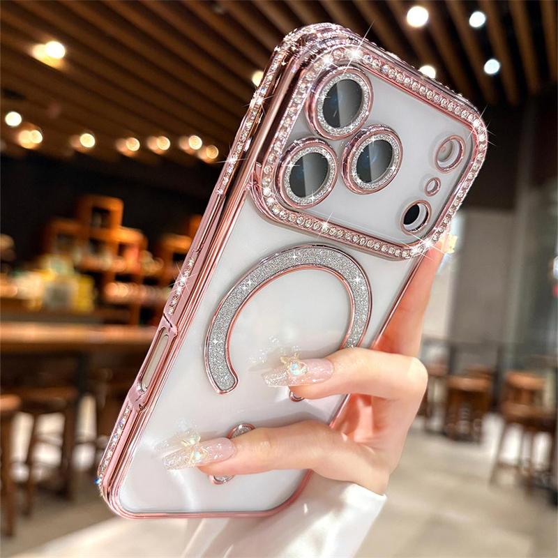 OREKROY【Free.ship】Clear Glitter Diamond Magnetic Case for iPhone 17 Pro Max 17Air 17Pro 17 16 15 14 13– MagSafe Compatible, with Camera Lens Protector, Cute Luxury Plating Sparkly Rhinestone Slim TPU Bumper Phone Case for Women & Girls