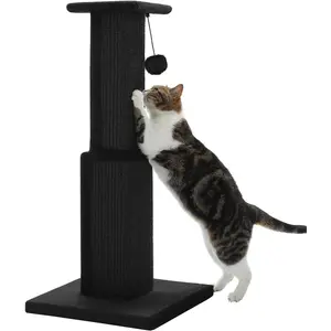 32 Inch Cat Scratching Post for Indoor Cats, Tall Cat Scratcher Tower with Natural Sisal Rope, Stable Large Base, Soft Plush Platform and Hanging Pom Pom Toy, Cat Furniture for Adult Cats, Small and Medium Cats