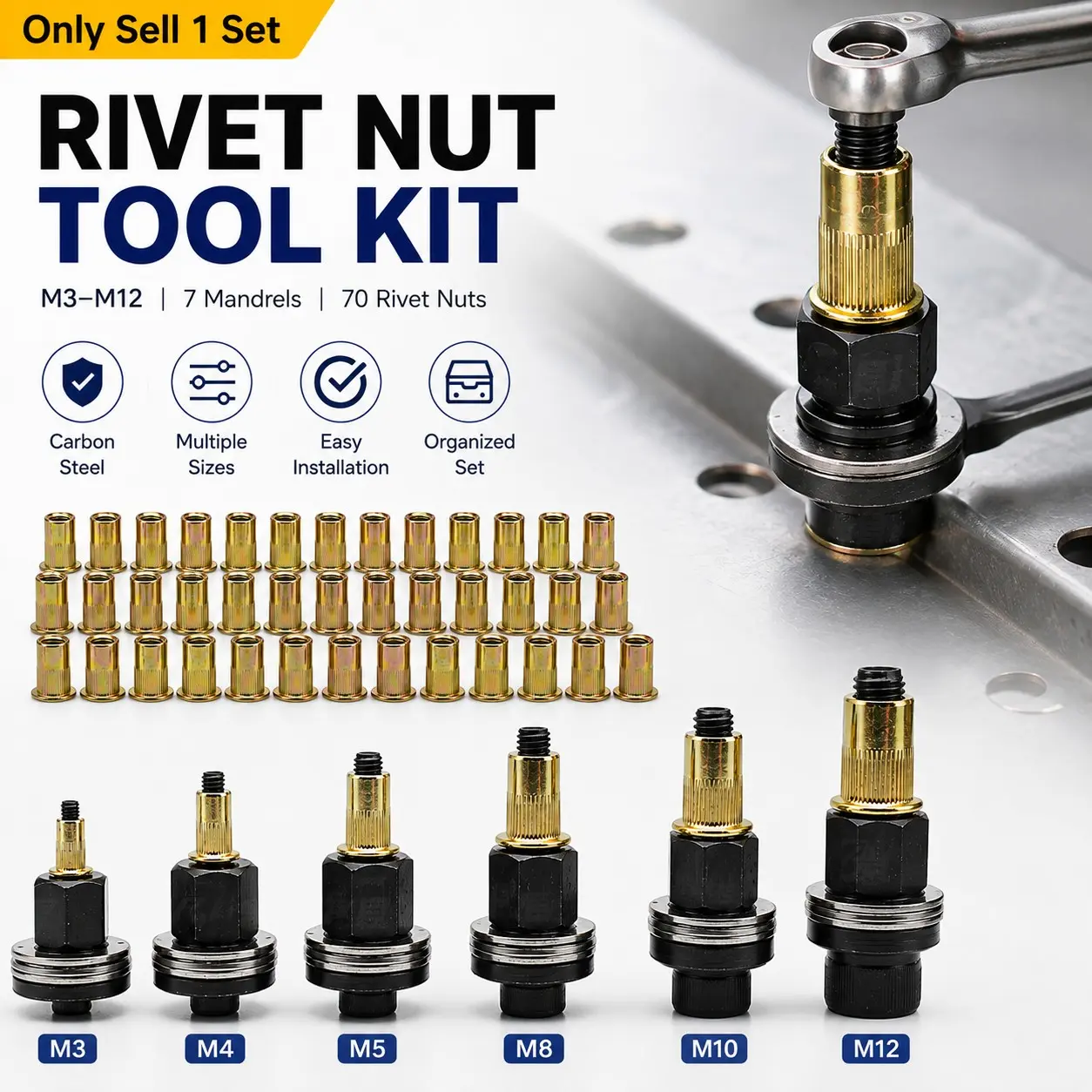 Rivet Nut Tool Kit, Head Rivet Nut Tool with M3 M4 M5 M6 M8 M10 M12 Carbon Steel Rivet Nuts, Threaded Rivnut Manual Riveter Tool Accessory for Automotive Repair, Metalworking, Sheet Metal and Industrial Applications