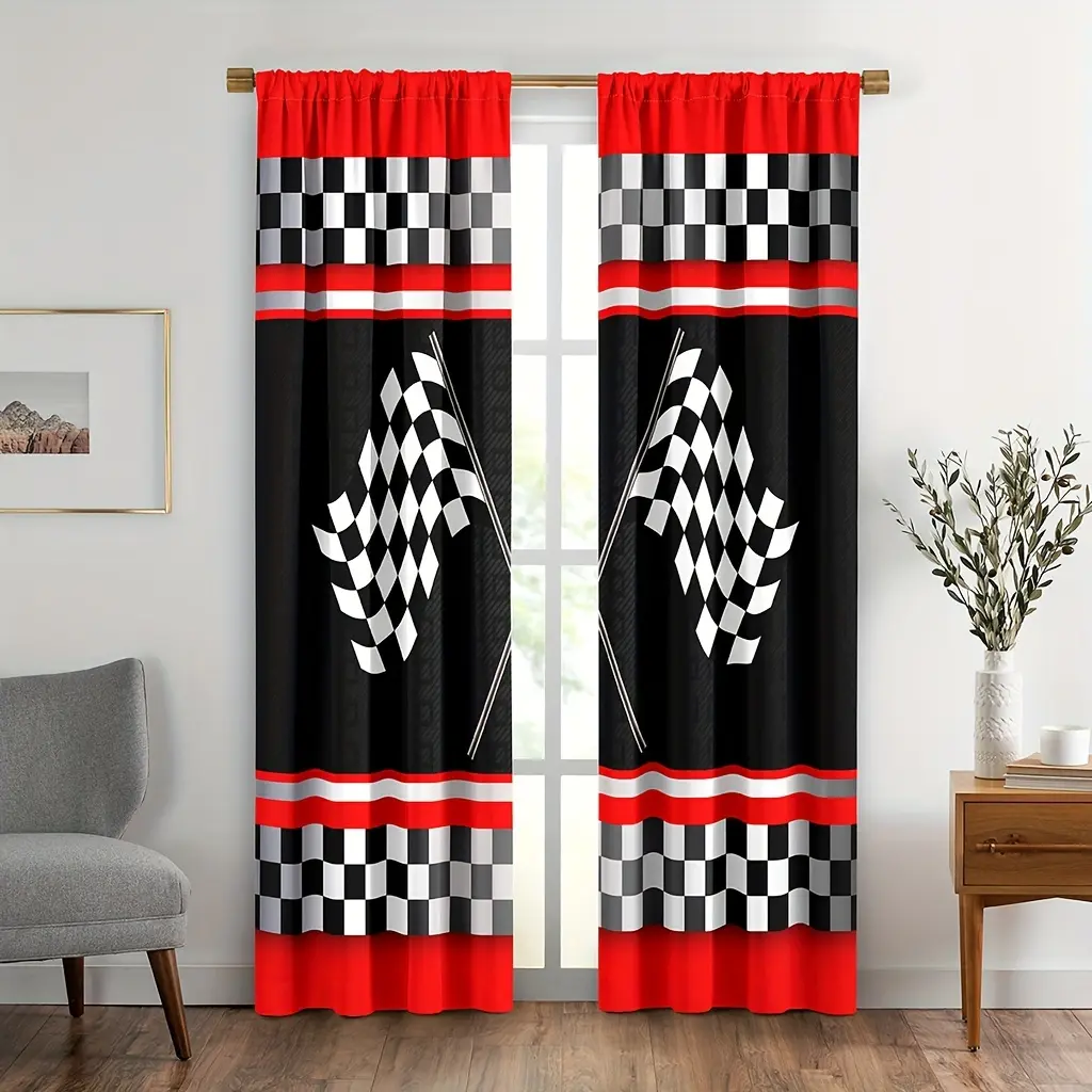 Racing-themed curtain set, black and white checkered flag design, two-piece set, home decor windows. They are washable and feature a pocket design green sheer valance rod interior decoration accessory drape living room bathroom