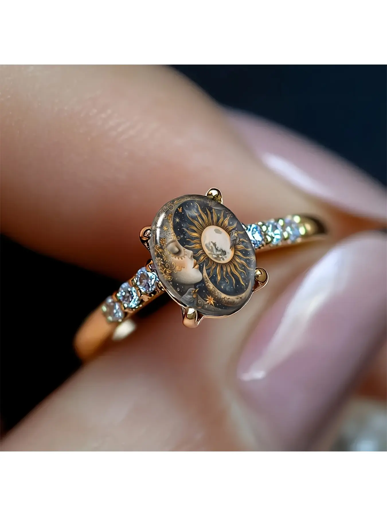 Star, moon, constellation portrait with precious diamond gold ring, Elegant ring, with a retro oil painting texture, dark star background combined with a curved human face, gilded radiating sun patterns, embellished with stars and fine flowers, integra