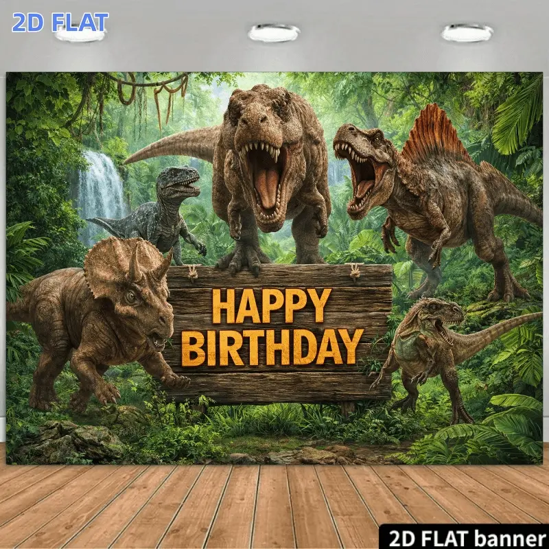 2D Flat Banner 1pc, A 2D Themed Backdrop Featuring T-Rex And Triceratops with a Wooden Sign in The Center That Says 'HAPPY BIRTHDAY'. Surrounding It Are Dinosaurs Like T-Rex Triceratops Velociraptor And Pterodactyl, Photography Ba