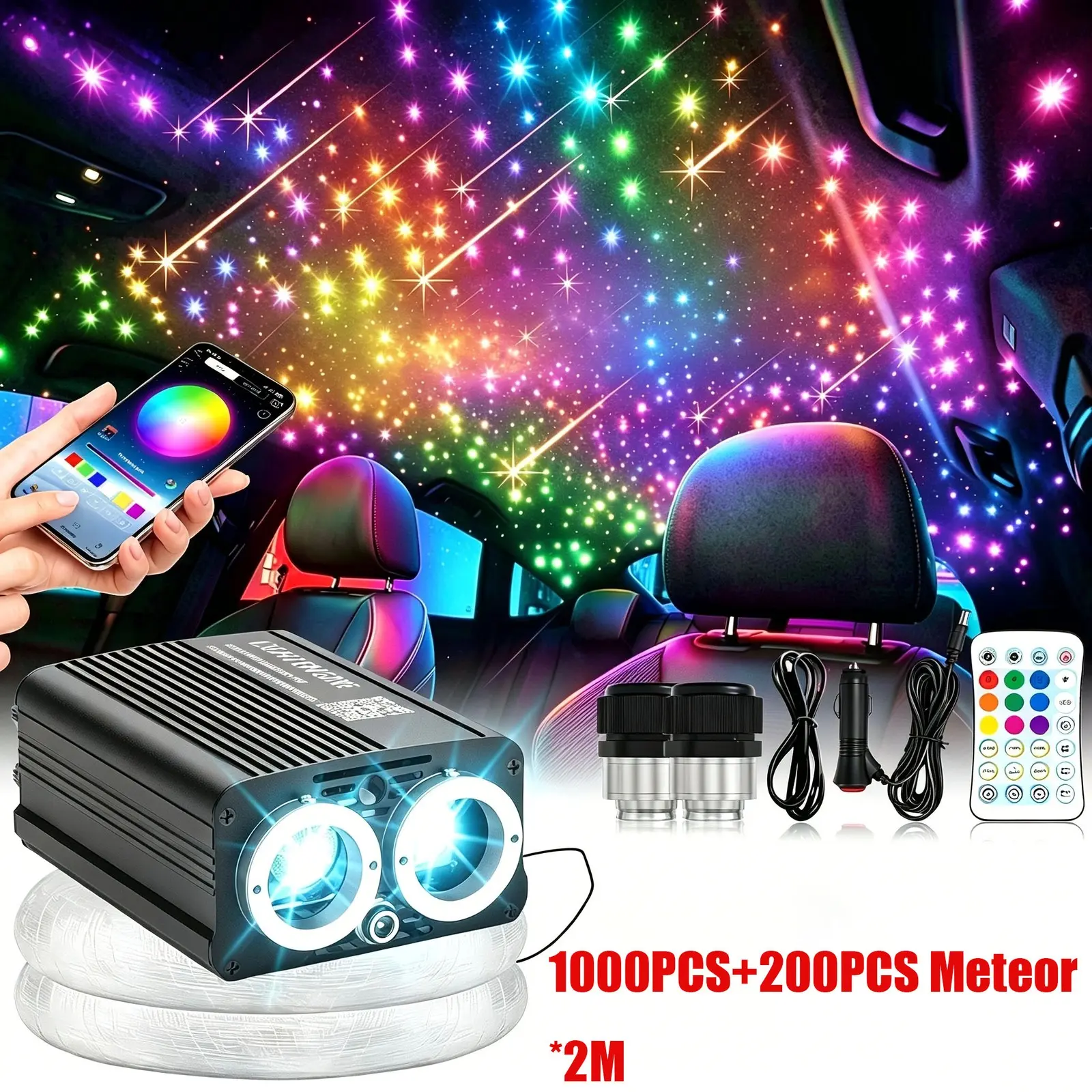 1000pcs 2m Fiber Optic Lights Starlight Headliner Kit +200pcs Meteor Shooting Star, Car Roof Ceiling Star Light Decor
