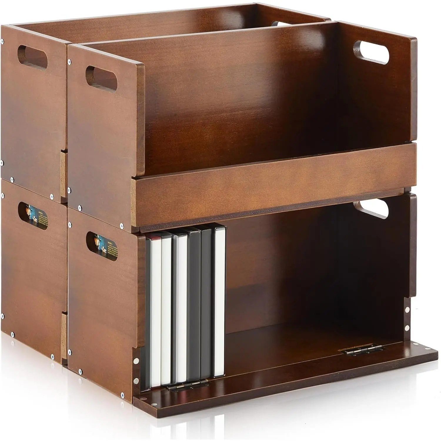 CroBlissful 4 Set Wooden DVD Storage Box DVD Storage Shelf Holder Solid Wood Cassette Tape Display Organizer with Carrying Handle for CD, Movie Cases, Each Organizer Can Store up to 26 Boxes (Brown)