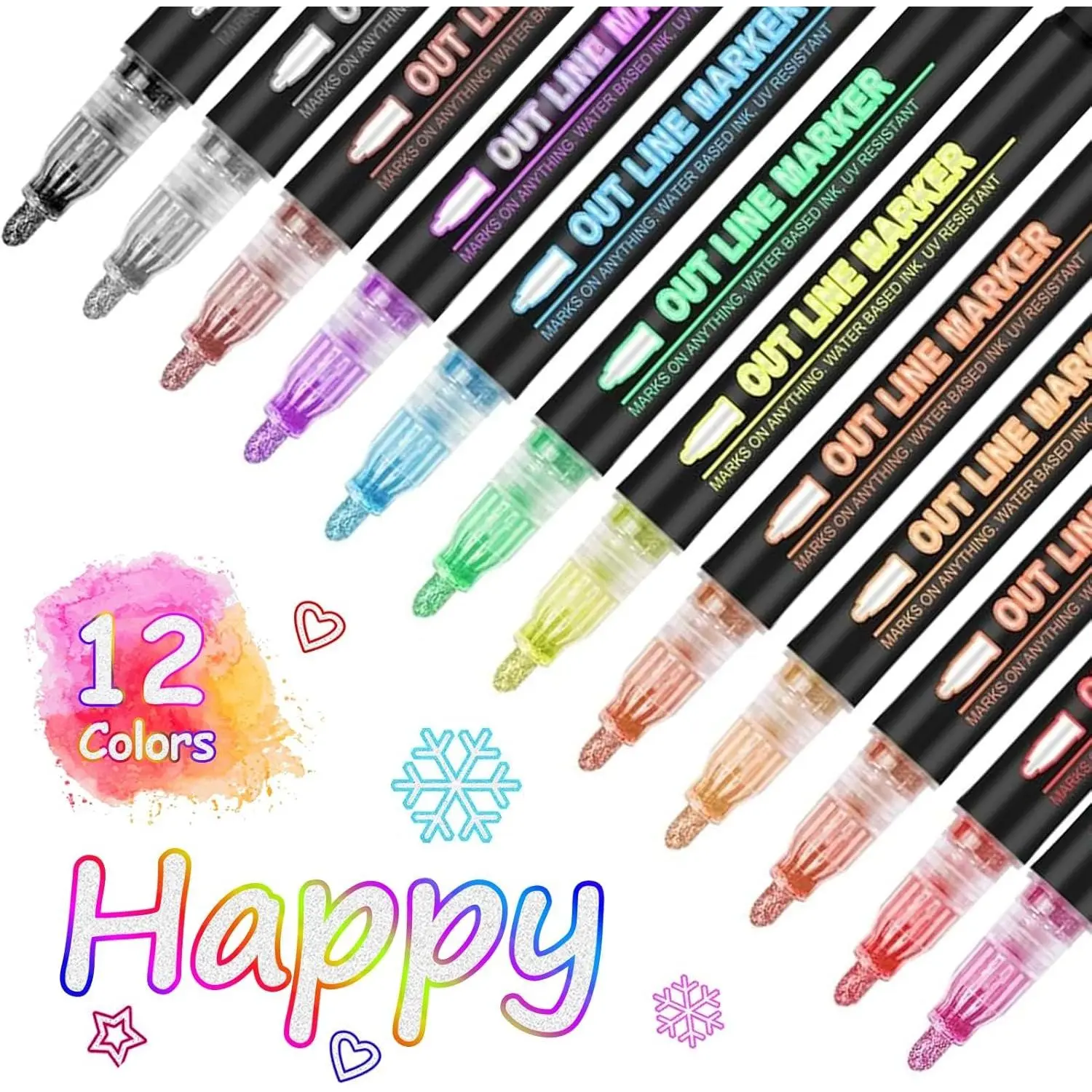 Outline Marker Self-outline Metallic Markers, 12 Colors Squiggles Shimmer Outline Markers Pen Set for Drawing Art School Supplies, Glitter Pen Set for Cards Lettering,  for 4-12 Year Old Girl