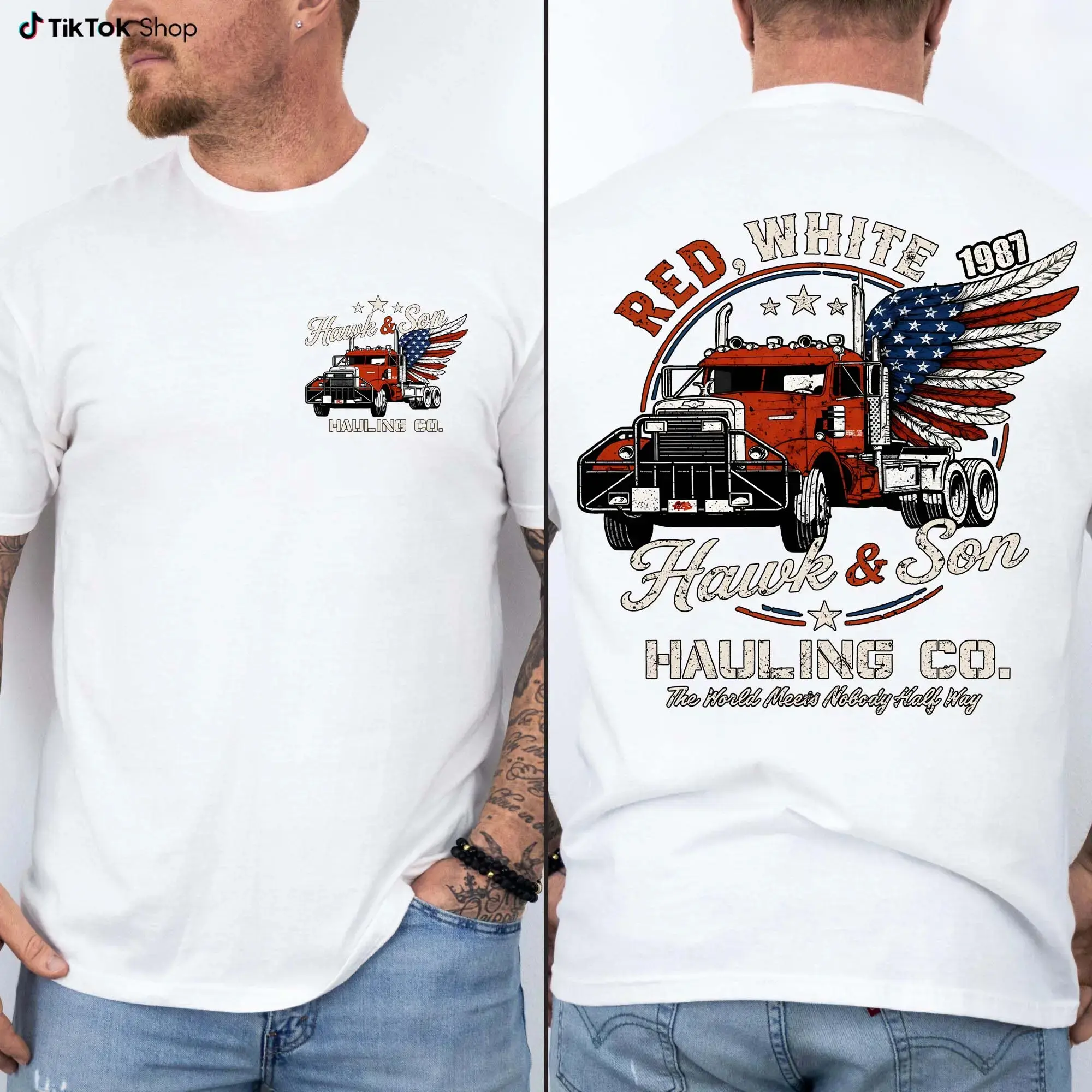 Men's Hawk & Son Vintage Theme Short-Sleeve Trucker T-Shirt - Soft Cotton Round Neck Plus Sizes Clothes, Classic Arm Wrestling Movie 4th Of July Outfit, Gift For Men (Pair With Jeans) 3XL