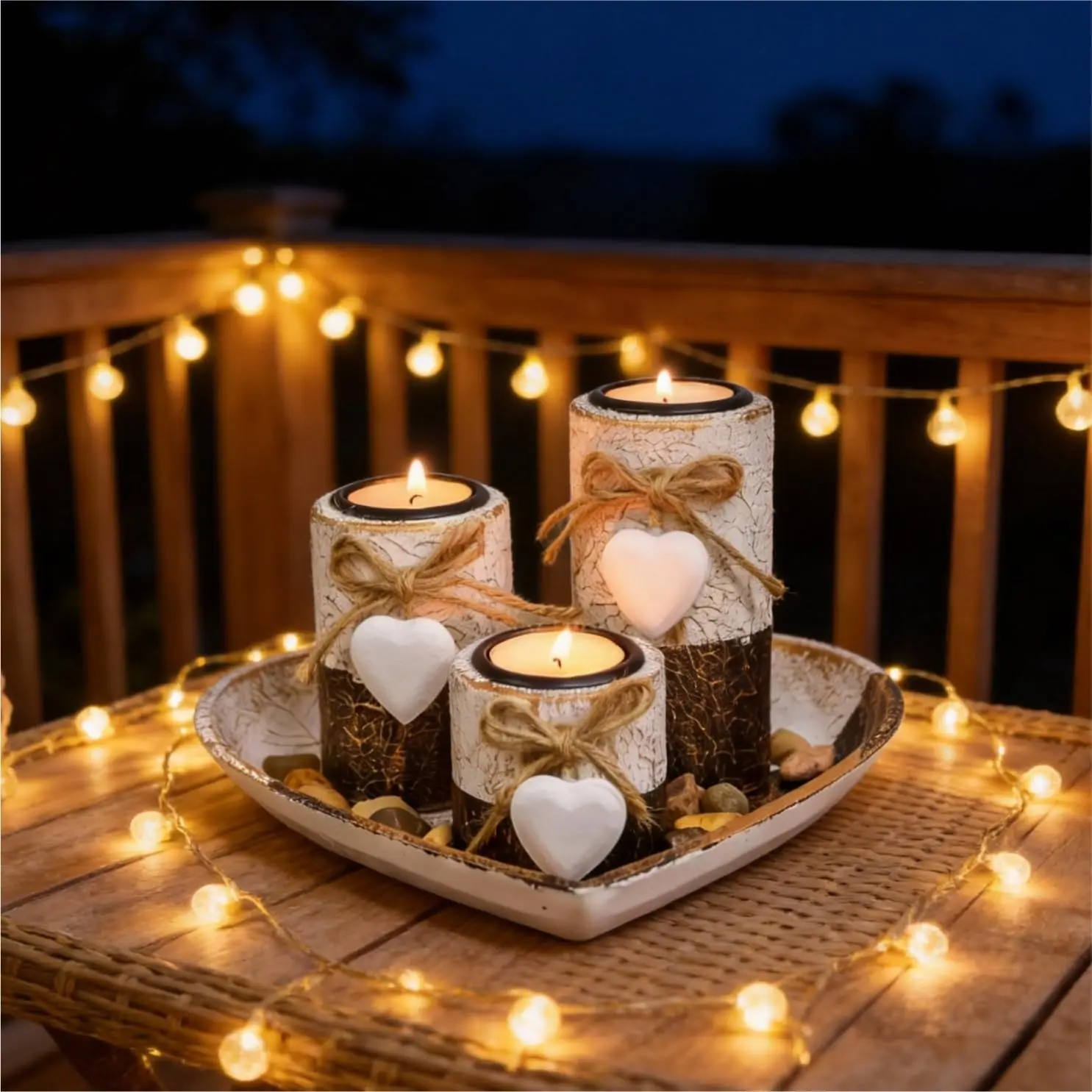 3 Pcs White Natural Wooden Candle Holder Set with Heart Tray & Tealight Holders, Farmhouse Rustic Candle Stand with Rope Knot & Decor Stones, Set for Christmas Valentine Home Decor, Candle Holders for Table Centerpiece, Candle Holder Centerpieces