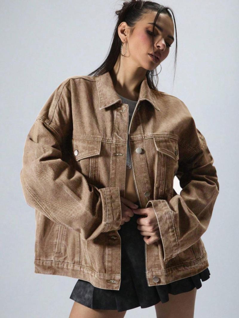 Women's Plain Button Front Drop Shoulder Denim Coat, Casual Long Sleeve Collared Pocket Outerwear for Daily Wear, Ladies Clothes for All Seasons, Clothing for Women Women's Plain Button Front Drop Shoulder Denim Coat, Casual Long Sleeve Collared Pocket Outerwear for Daily Wear, Ladies Clothes for All Seasons, Clothing for Women