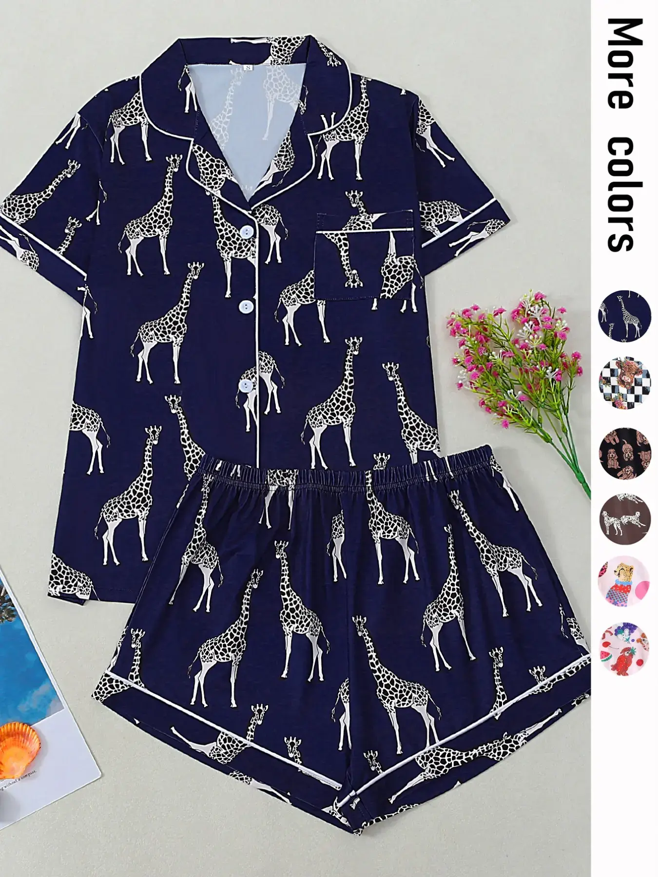 Women's Cute Giraffe Print Pajama Set, Short-Sleeve & Shorts, All Seasons, Soft Comfortable Homewear, Button Front Casual Loungewear