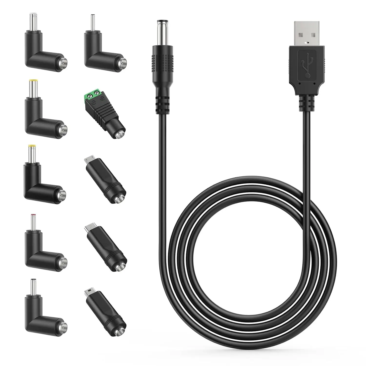 USB to DC 5V Power Cable, DC 5.5x2.1mm Barrel Plug Charging Cord |   10 Connector Tips, 5.5x2.5, 4.8x1.7, 4.0x1.7, 3.5x1.35, 3.0x1.1, 2.5x0.7, Micro, Type-C, Mini, LED Port, Power Cord