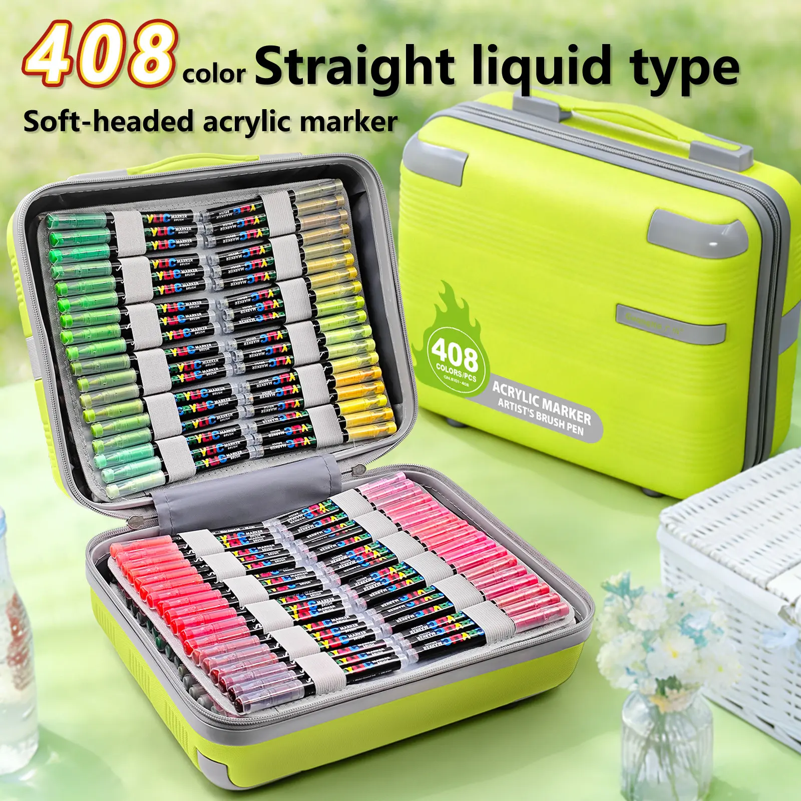 Guangna Acrylic Marker Pens, 408 Colors, Portable Case, Soft Tip, Auto Ink System, Ideal for Art, DIY, Canvas, Wood, Glass, Fabric, Back-To-School Season, Painting Supplies