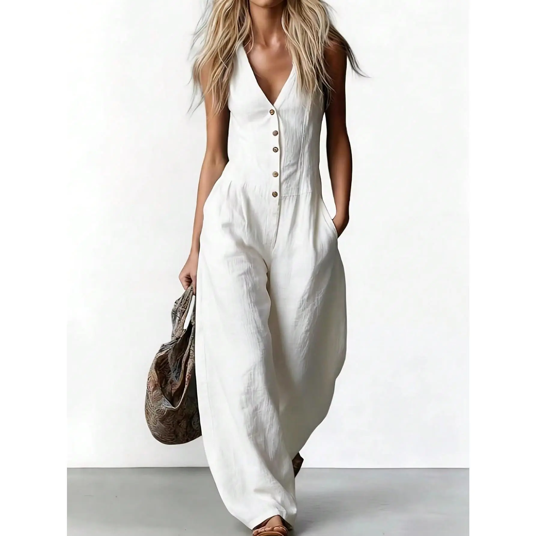 Women's Tan Cotton Sleeveless Deep V-Neck Button-Down Overalls, Adjustable Wide-Leg Boho Beach Jumpsuit With Pockets (Blazer-Style Accent), Lightweight, Fit