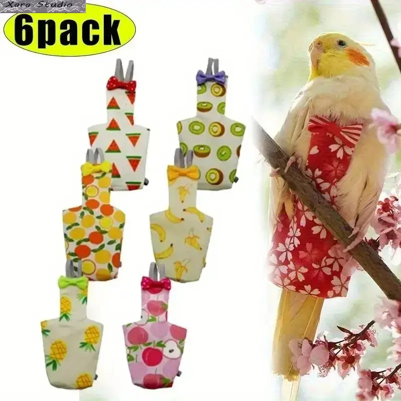 6PCS Reusable Washable Bird Diaper Set with Flight Suit for Small Pet Birds, Leak-Proof Soft Bird Nappy Clothes, Adjustable Parrot Harness Outfit, Bird Grooming Accessories for Indoor Home, Outdoor Training & Travel