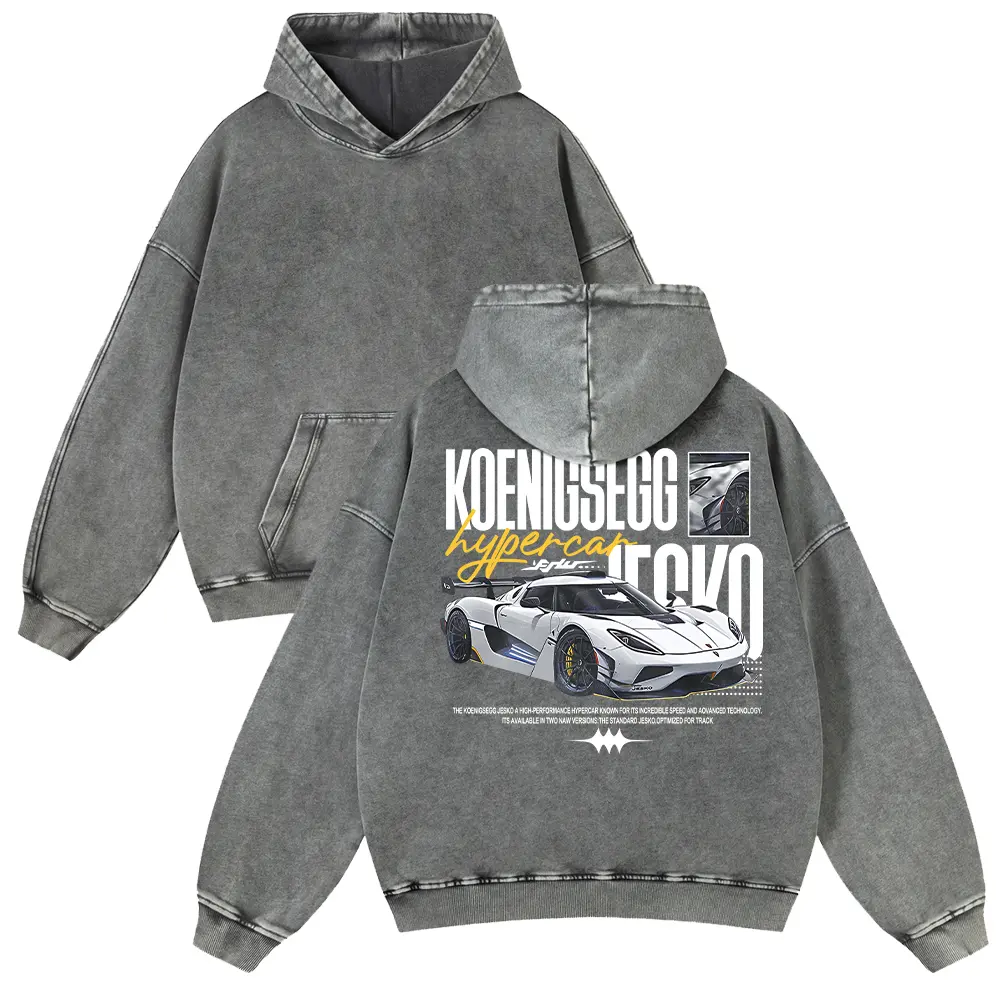 Vintage Acid Wash Hypercar Graphic Hoodie, Unisex Casual Streetwear Top in Super Soft Cotton Blend Fabric for Spring