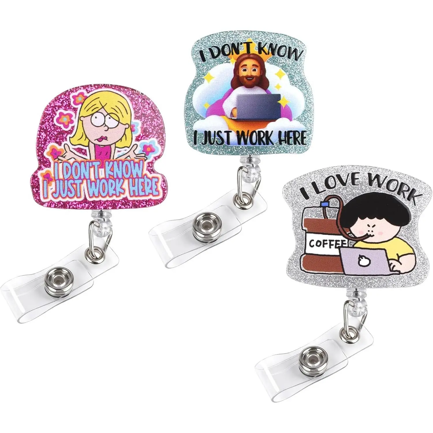 Funny Badge Reel 3 Pack, Retractable ID Card Badge Holder Cute Suitable for , Office Workers, Managers, Students (I Just Work Here)
