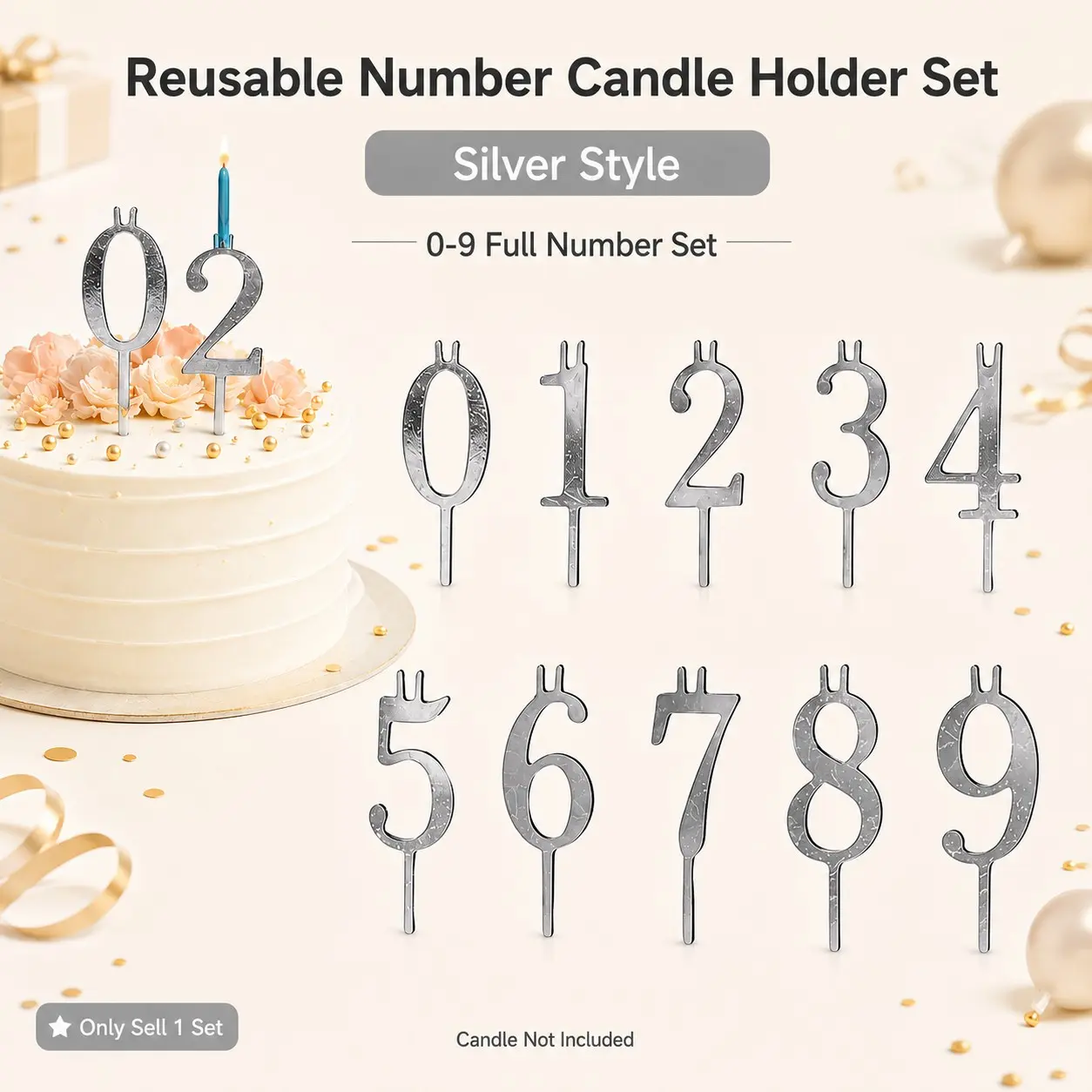1 Set Reusable Metal Cake Number Candle Holder Set, Metallic Modern Style 0-9 Digital Shapes Adjustable Cake Toppers, Easy To Clean Number Candle Stands For Birthday, Anniversary, Graduation And Cake Decorating