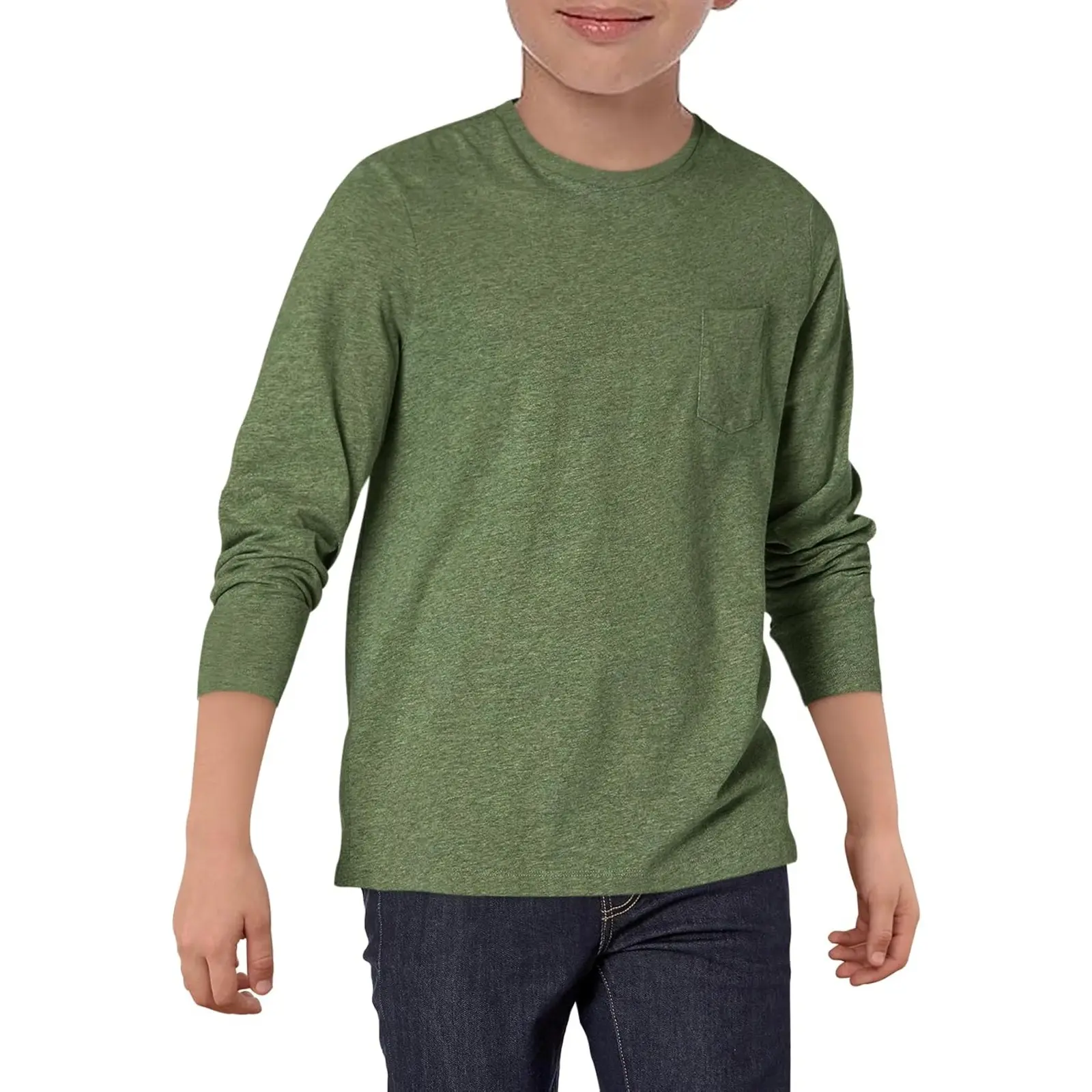 Haloumoning Boys' Full Sleeve Casual Crewneck Shirts - 5-14 Years, Plain Solid Color, Chest Pocket, Elastic Fibers, Medium Length, Soft Comfortable Casual Wear Basic Tops, Full Sleeves