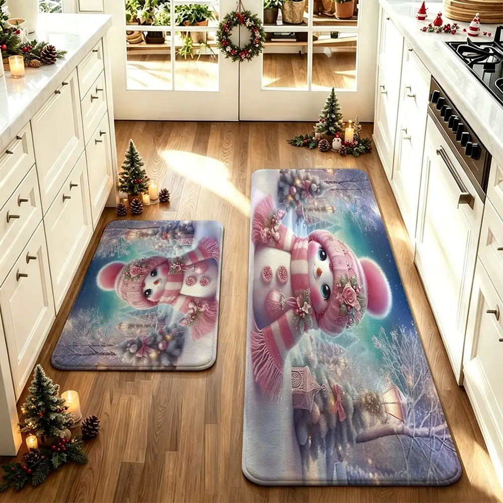 2-Piece Snowman Kitchen Mat Set, Waterproof Oil-Resistant Non-Slip, Contemporary Print Design, Thick Cushioned Home Decor Rug