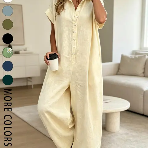Women's Fashion French Style Chic Minimalist Loose-fit Oversized Jumpsuit with Button Design, Casual Wide-leg Jumpsuit for Summer, Womenswear, Suitable for Home, Outings, Vacation and Daily Commute, Holiday Jumpsuit