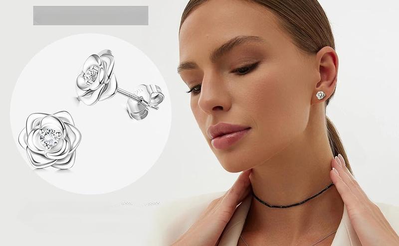 Fansilver Small Rose Stud Earrings  for Women s Hypoallergenic Small Rose Flower Earrings with 5A+Zirconia Helix Cartilage Earrings Gifts