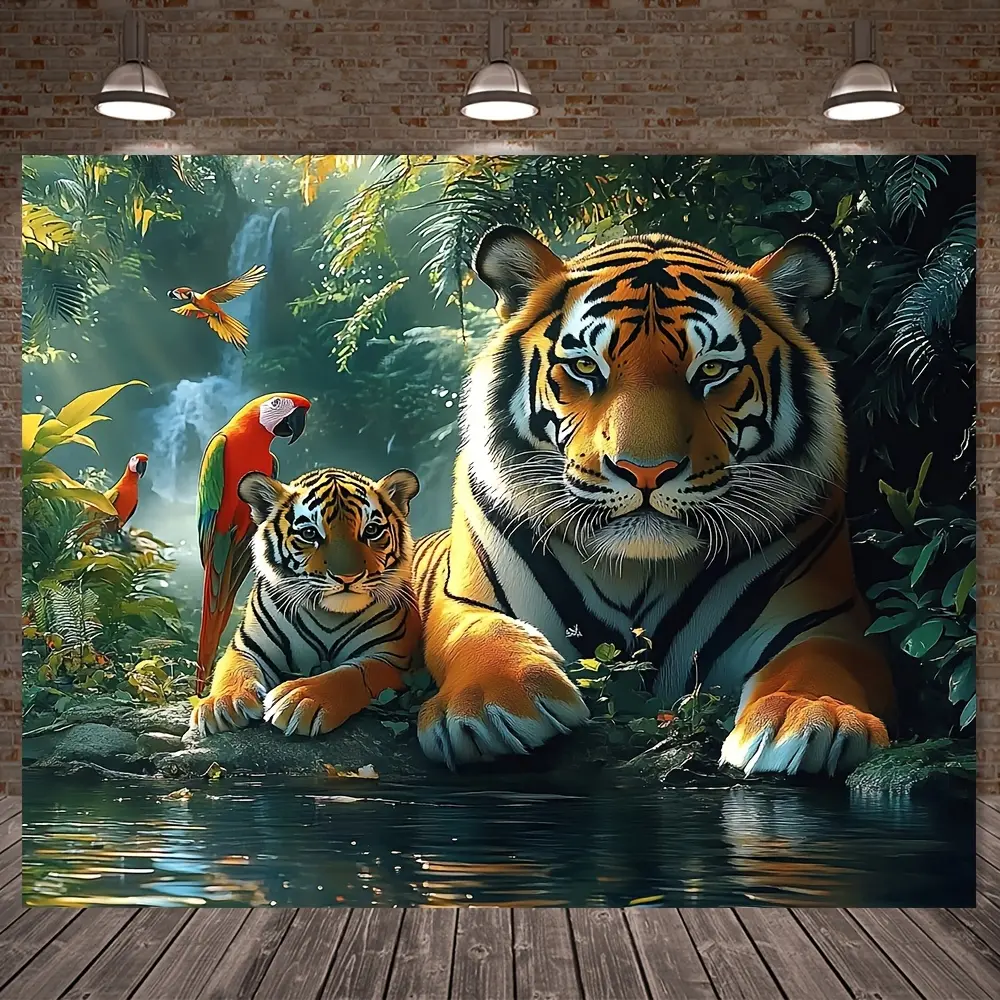 Tropical Forest Tiger Tapestry Wall Decor, Polyester Fabric, Animal Theme, Ideal for Holiday Atmosphere, Tiger Decor