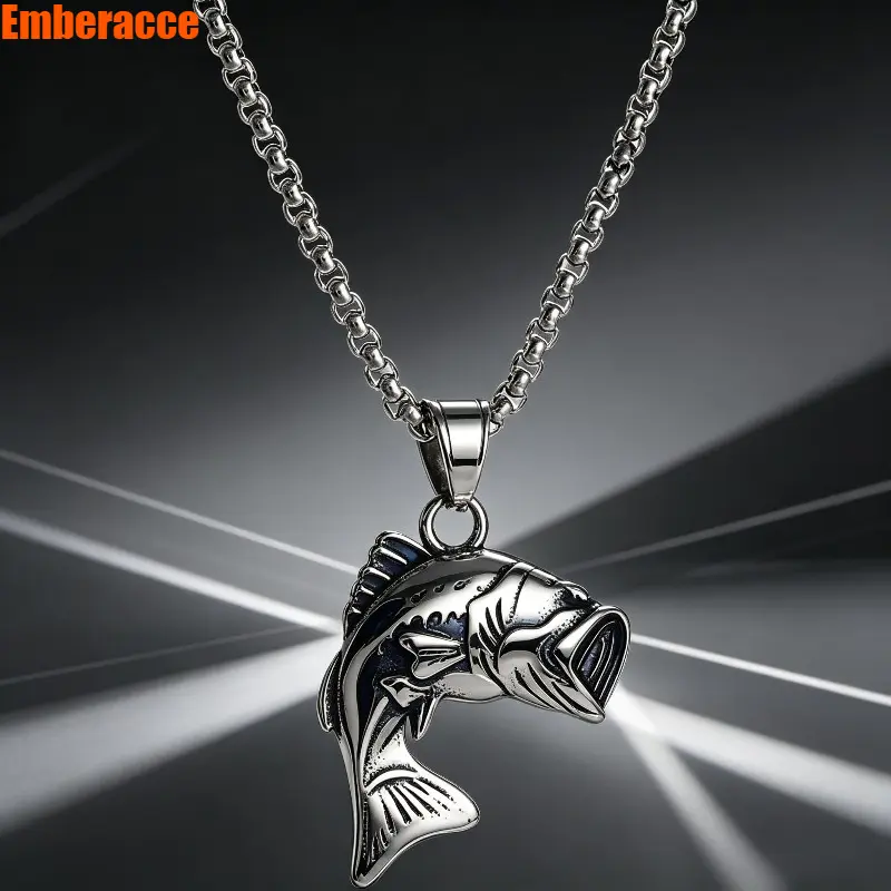 Fishing Necklace for Men, Big Mouth Perch Fish Pendant Necklace, Unique Embossed Fishing Jewelry, Outdoor Angler Gift for Fishermen, Fishing Talisman Charm for Dad, Husband, Boyfriend