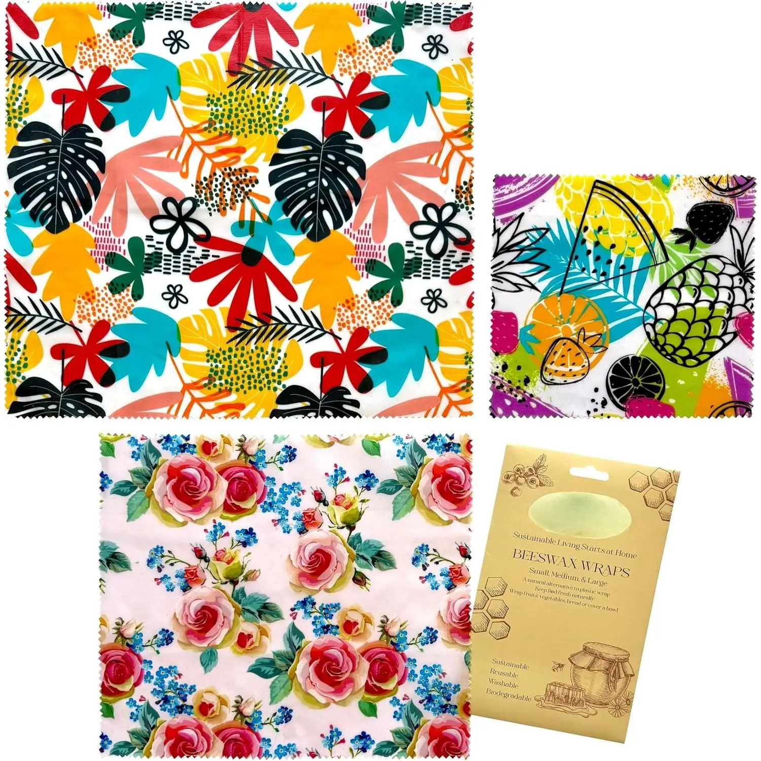 Beeswax  Wraps (3-Pack S/M/L) –  & Washable  Storage Wraps, Plastic-Free Alternative for Sandwiches, Produce & Bowls