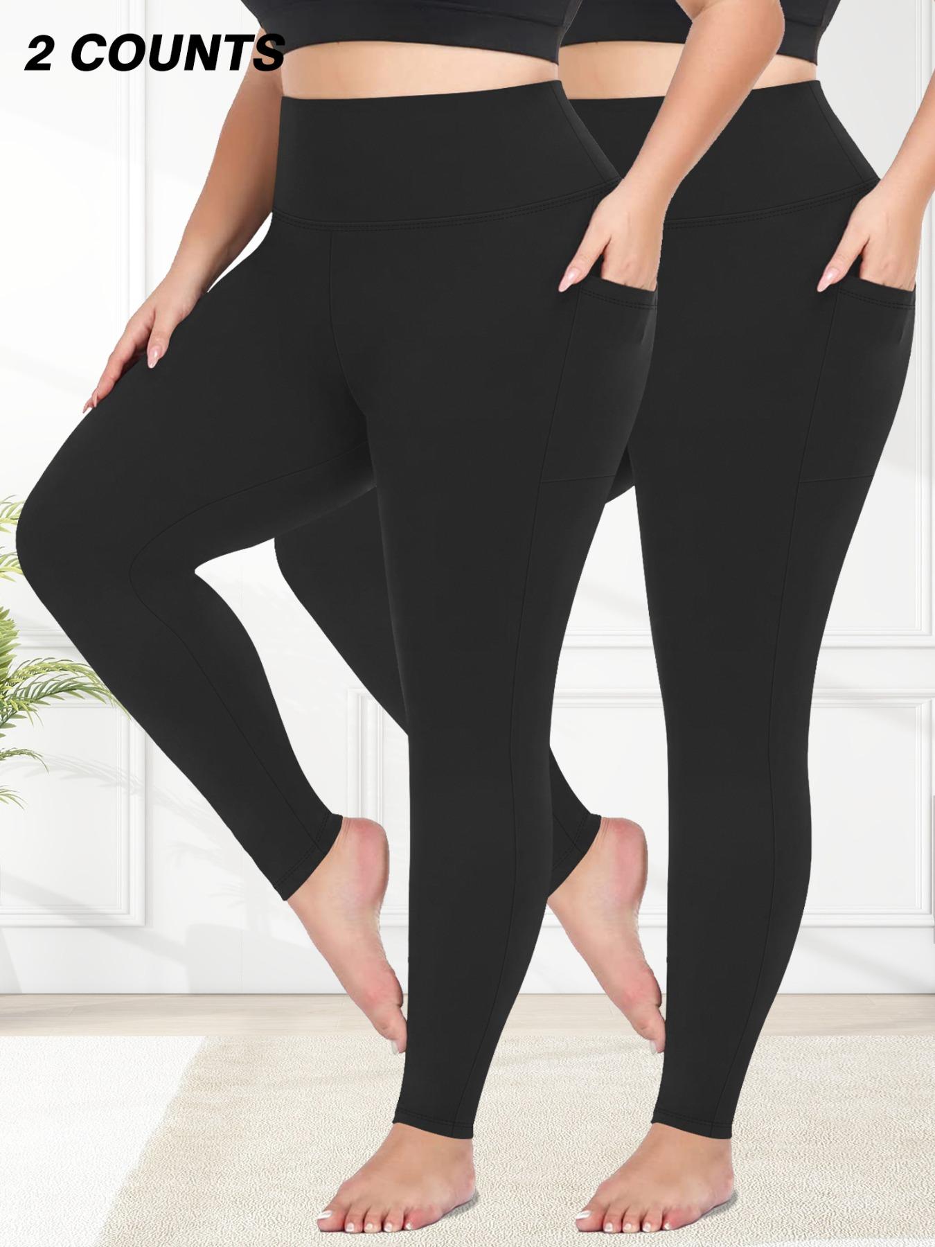 Plus Size Solid High Waist Pocket Leggings, Casual Comfy High Stretch Skin-friendly Skinny Pants for Women, Women's Bottoms for All Seasons