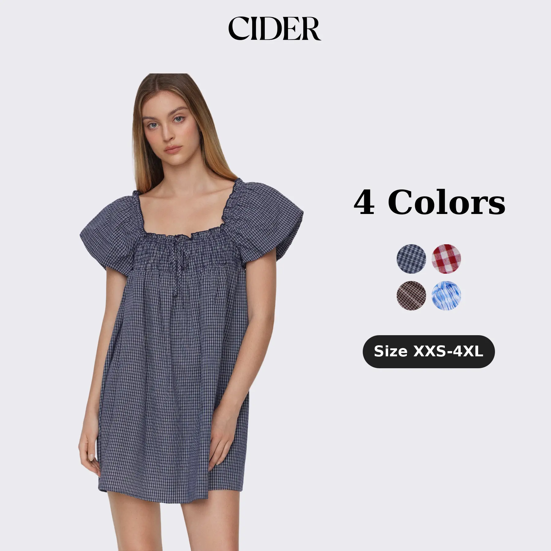 Cider Gingham Mini Dress – Smocked Square Neck Puff Sleeve Cotton, Cottagecore Retro Chic Style for Daily Casual Picnic, Summer High Rise Empire Waist Fit-and-Flare Gown SohoChic