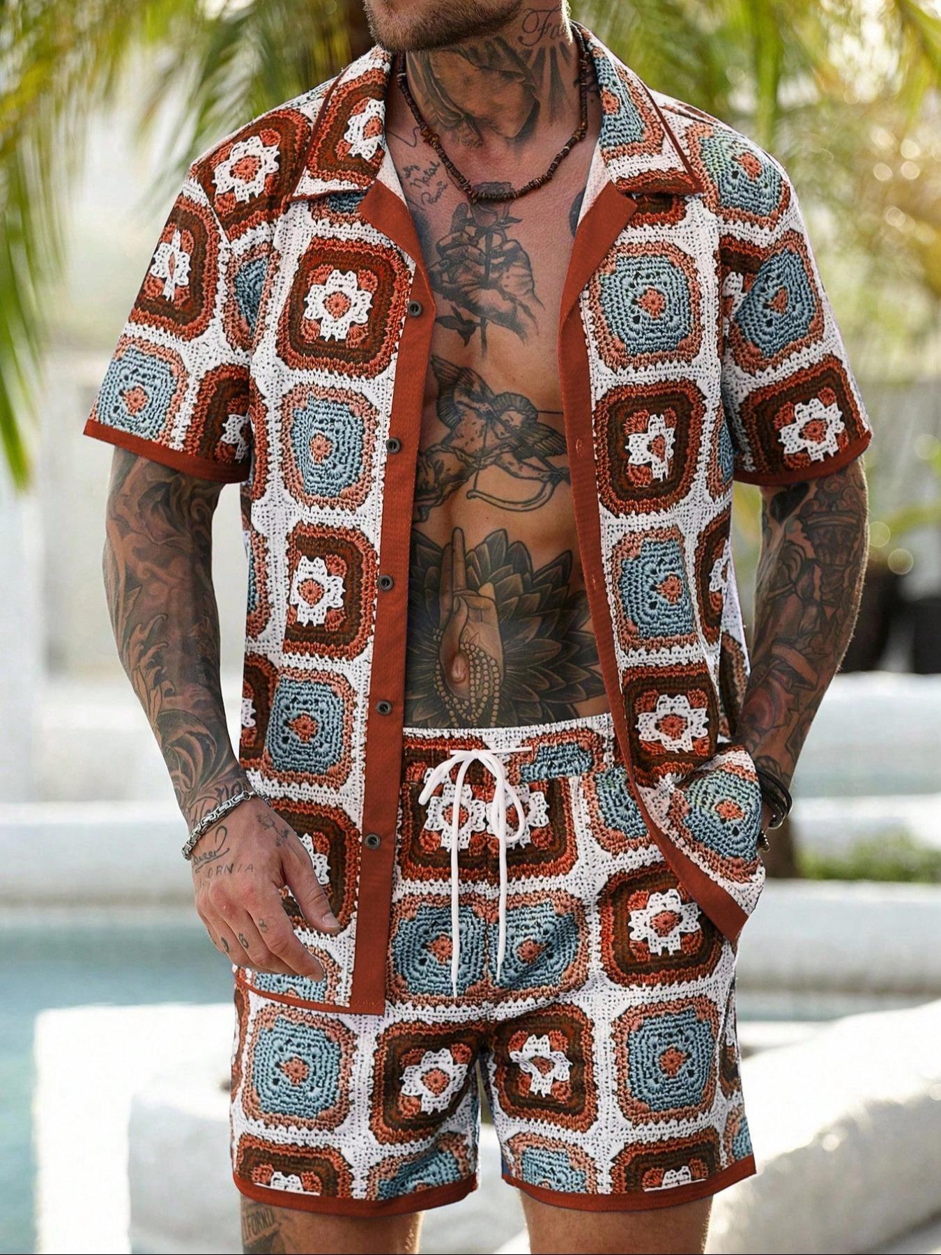 Two-Piece Set Men's Regular Fit Tropical Floral Print Button Shirt & Drawstring Waist Shorts Set, Casual Short Sleeve Collared Top & Pocket Shorts, Men's Two-piece Outfits for Summer Beach Vacation