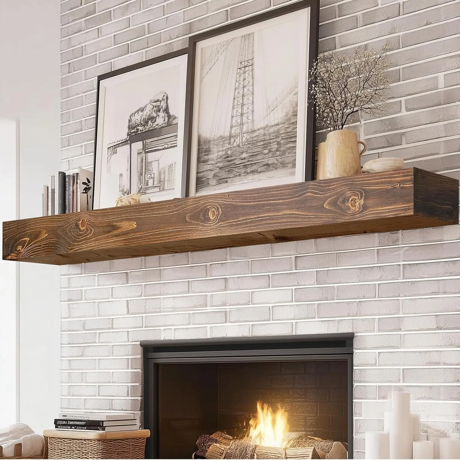 72x8x5in Pine Wood Fireplace Mantel Shelf, Weathered Brown Hollow Wooden Bracket, Wall Mount Design, Invisible Heavy Duty Support Bracket, Farmhouse Rustic Home Decor